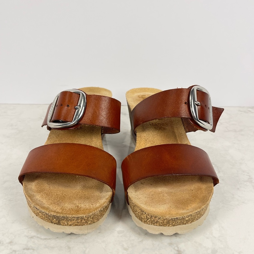 Women’s Tan Leather Double-Strap Slide Sandals with Buckle
